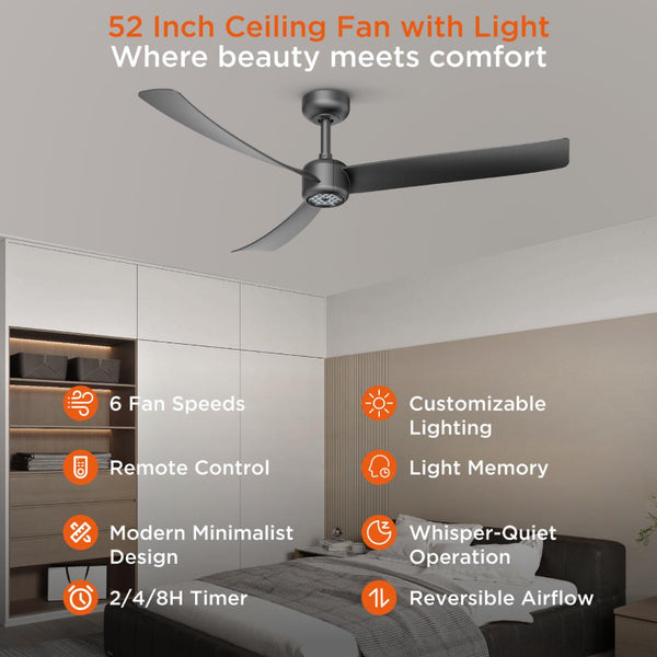 English Elm 52 Inch Flush Mount Ceiling Fan with Dimmable LED Remote DC Motor for Patio Living Room Black T3177P526325
