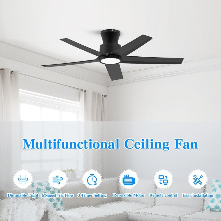 English Elm 44 Inch Matte Five Blade Ceiling Fan with Dimmable LED Light and Quiet DC Motor Black T3177P526335