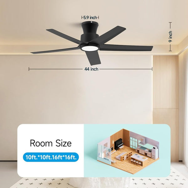 English Elm 44 Inch Matte Five Blade Ceiling Fan with Dimmable LED Light and Quiet DC Motor Black T3177P526335