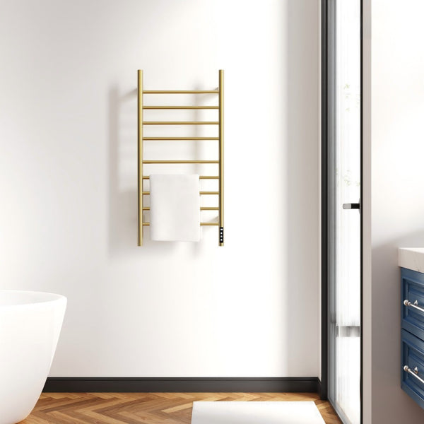 English Elm Brushed Gold 9 Bar Towel Warmer with Touch Timer and Stainless Steel IPX4 Build T3177P530863