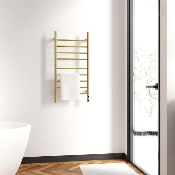 English Elm Brushed Gold 9 Bar Towel Warmer with Touch Timer and Stainless Steel IPX4 Build T3177P530863
