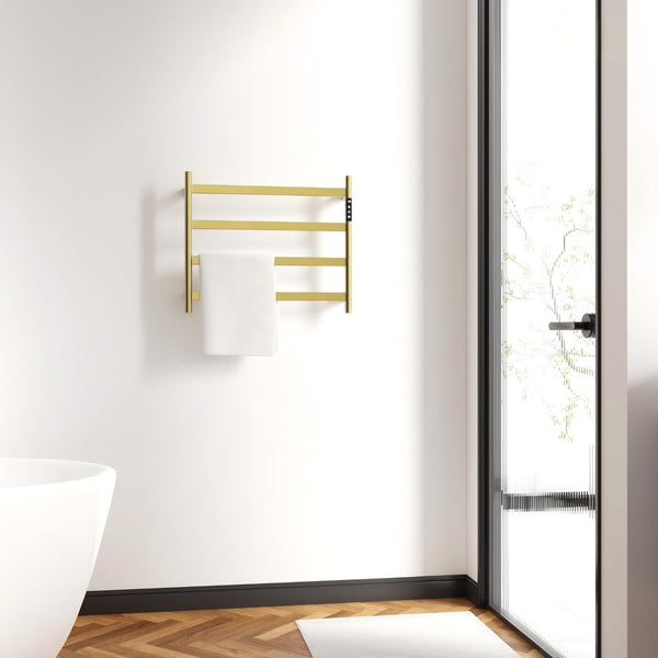 English Elm 22.5 Inch Brushed Gold 4 Bar Towel Warmer with Touchscreen Timer and Stainless Steel Build T3177P531176
