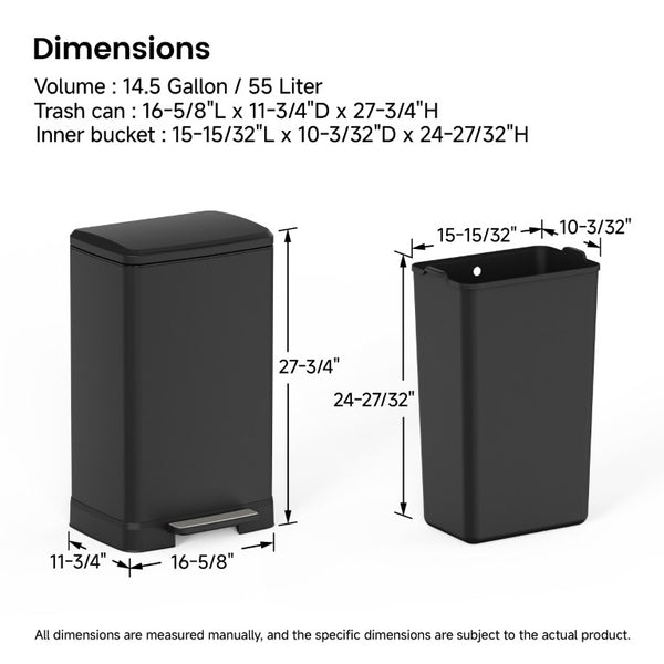 English Elm Black Stainless Steel Pedal Trash Can with Soft Close Lid and Removable Inner Bucket 14 Gallons T3177P544222
