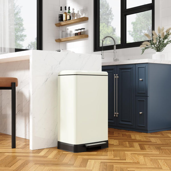 English Elm White Stainless Steel Pedal Trash Can with Soft Close Lid Removable Bucket Wheels T3177P544224