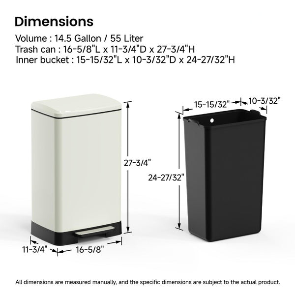 English Elm White Stainless Steel Pedal Trash Can with Soft Close Lid Removable Bucket Wheels T3177P544224