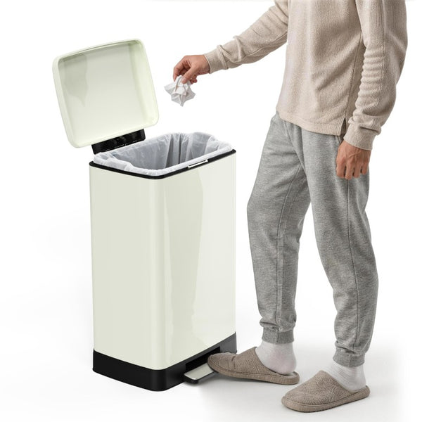 English Elm White Stainless Steel Pedal Trash Can with Soft Close Lid Removable Bucket Wheels T3177P544224