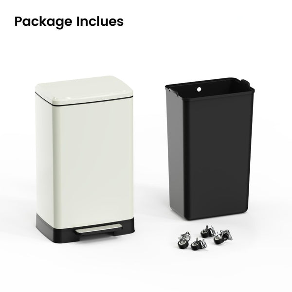 English Elm White Stainless Steel Pedal Trash Can with Soft Close Lid Removable Bucket Wheels T3177P544224