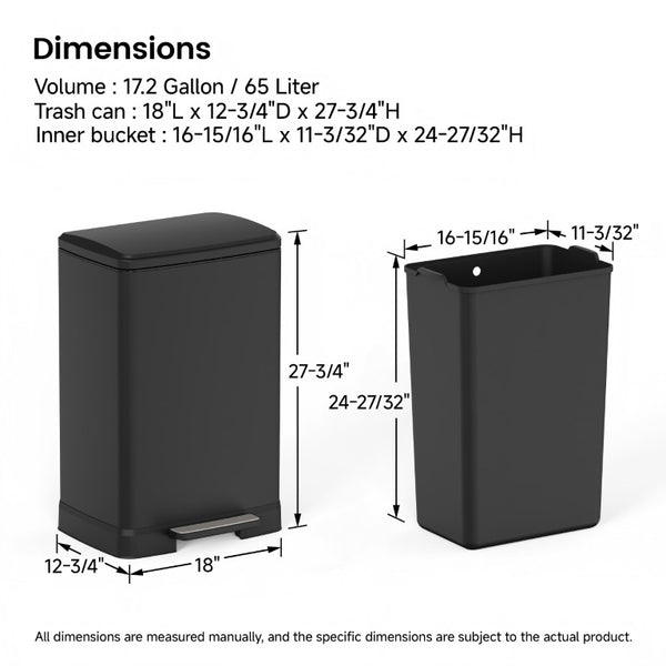 English Elm Black Stainless Steel Pedal Trash Can with Soft Close Lid and Removable Inner Bucket 17 Gallons T3177P544225