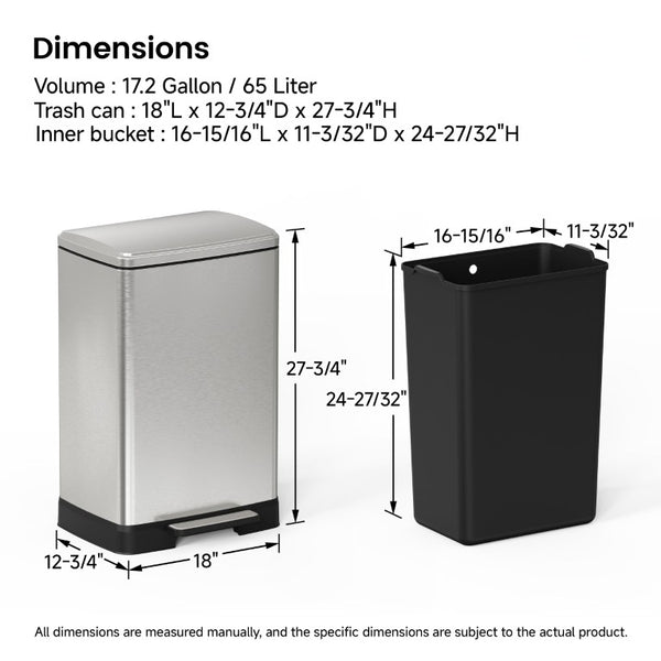 English Elm Brushed Nickel Stainless Steel 17 Gallon Pedal Bin with Soft Close Lid and Wheels T3177P544226