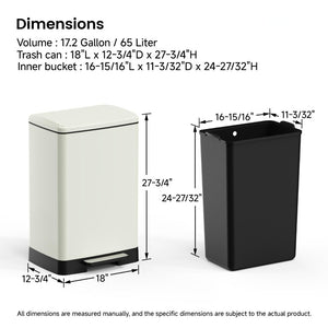 English Elm White Stainless Steel 17 Gallon Kitchen Bin with Soft Close Lid and Removable Bucket T3177P544227