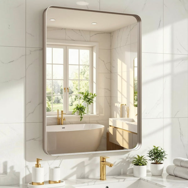 English Elm 22X30 Rounded Rectangle Wall Mirror Slim Aluminum Frame Moisture Resistant Vanity Bath T3177P603734