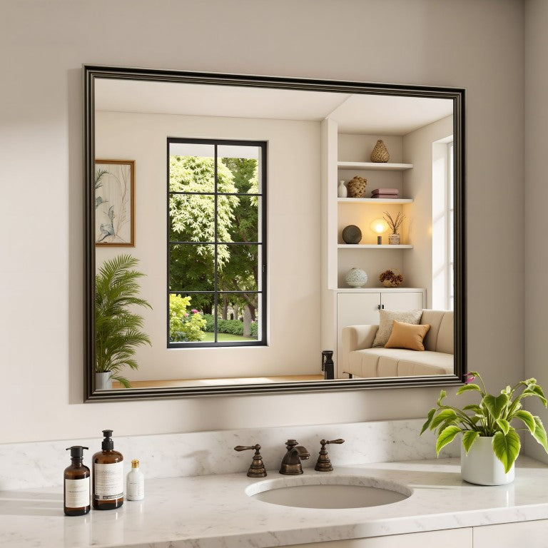 English Elm 32X40 Vintage Black Wood Grain Bathroom Wall Mirror Tempered Safety Glass Vanity T3177P603743