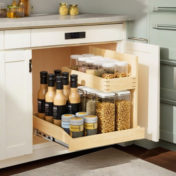 English Elm Under Sink Pull Out Cabinet Organizer with Soft Close Birch Wood 2 Tier Storage T3210P277411