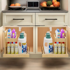 English Elm Under Sink Pull Out Cabinet Organizer with Soft Close Birch Wood 2 Tier Storage T3210P277411