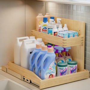 English Elm Under Sink Pull Out Cabinet Organizer with Soft Close Birch Wood 2 Tier Storage T3210P277411
