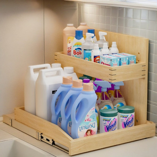 English Elm Under Sink Pull Out Cabinet Organizer with Soft Close Birch Wood 2 Tier Storage T3210P277411