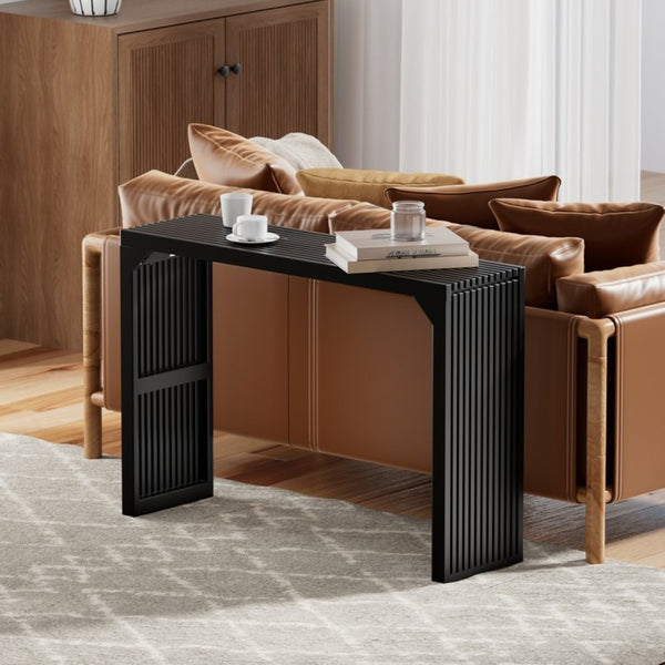 English Elm 46" Solid Wood Foyer Console Table Matte Black Industrial Grille Detail Entryway T3210P298182