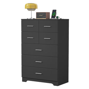 English Elm Wooden Seven Drawer Vertical Organizer with Built-in Outlet for Bedroom or Office Black T3210P477354
