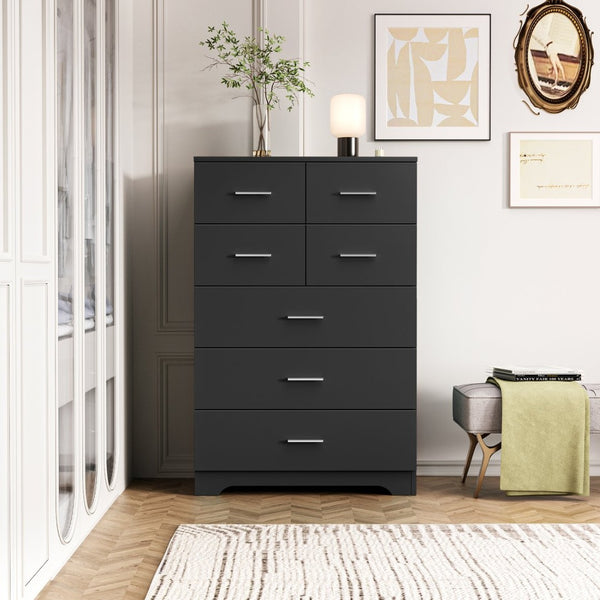 English Elm Wooden Seven Drawer Vertical Organizer with Built-in Outlet for Bedroom or Office Black T3210P477354