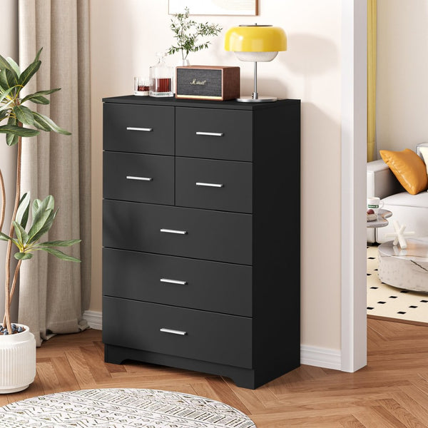 English Elm Wooden Seven Drawer Vertical Organizer with Built-in Outlet for Bedroom or Office Black T3210P477354