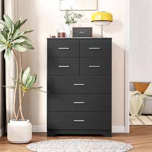 English Elm Wooden Seven Drawer Vertical Organizer with Built-in Outlet for Bedroom or Office Black T3210P477354