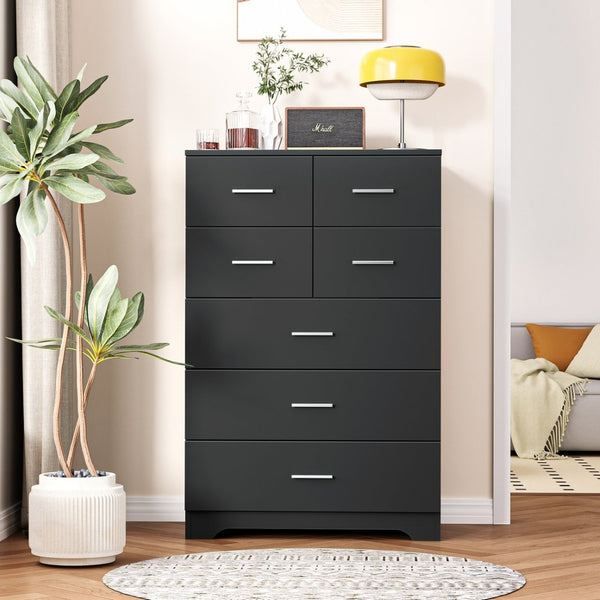 English Elm Wooden Seven Drawer Vertical Organizer with Built-in Outlet for Bedroom or Office Black T3210P477354