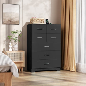 English Elm Wooden Seven Drawer Vertical Organizer with Built-in Outlet for Bedroom or Office Black T3210P477354