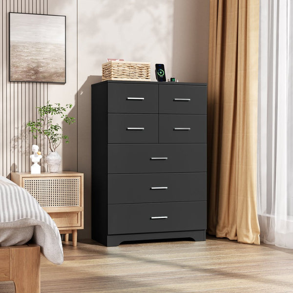English Elm Wooden Seven Drawer Vertical Organizer with Built-in Outlet for Bedroom or Office Black T3210P477354