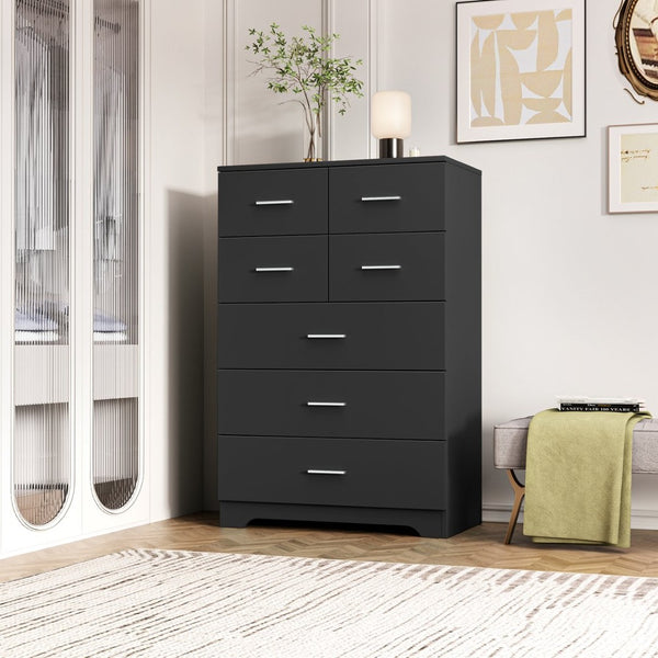 English Elm Wooden Seven Drawer Vertical Organizer with Built-in Outlet for Bedroom or Office Black T3210P477354