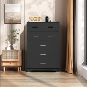 English Elm Wooden Seven Drawer Vertical Organizer with Built-in Outlet for Bedroom or Office Black T3210P477354