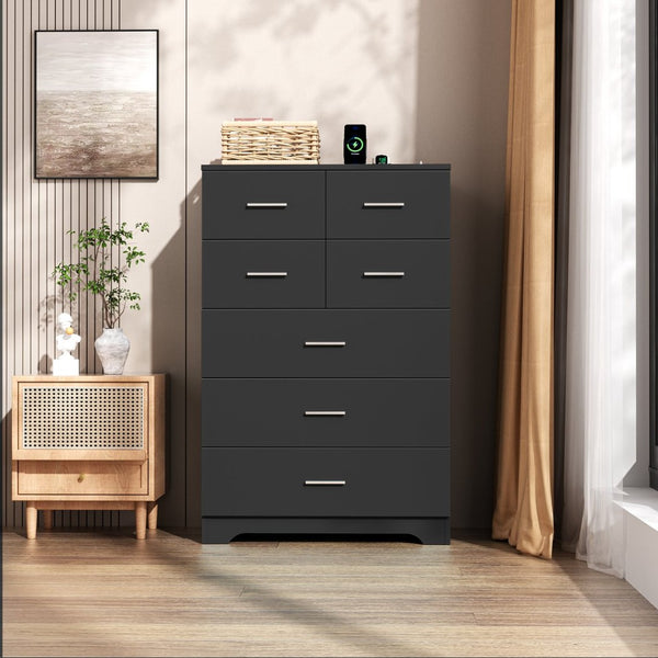 English Elm Wooden Seven Drawer Vertical Organizer with Built-in Outlet for Bedroom or Office Black T3210P477354