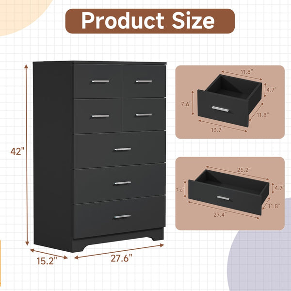 English Elm Wooden Seven Drawer Vertical Organizer with Built-in Outlet for Bedroom or Office Black T3210P477354