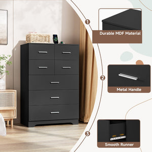 English Elm Wooden Seven Drawer Vertical Organizer with Built-in Outlet for Bedroom or Office Black T3210P477354