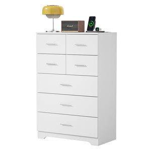 English Elm Wooden Seven Drawer Vertical Organizer with Built-in Outlet for Bedroom or Office White T3210P477355