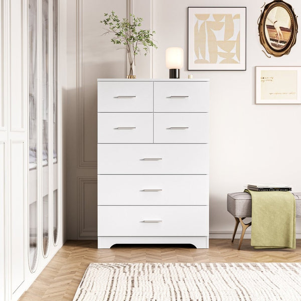 English Elm Wooden Seven Drawer Vertical Organizer with Built-in Outlet for Bedroom or Office White T3210P477355
