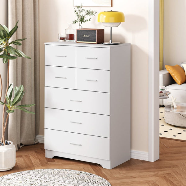 English Elm Wooden Seven Drawer Vertical Organizer with Built-in Outlet for Bedroom or Office White T3210P477355