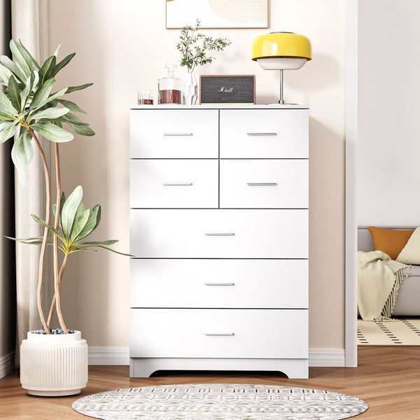 English Elm Wooden Seven Drawer Vertical Organizer with Built-in Outlet for Bedroom or Office White T3210P477355