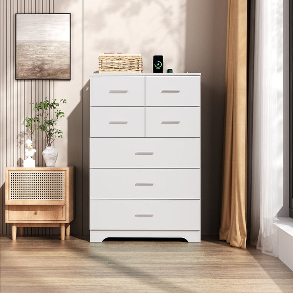 English Elm Wooden Seven Drawer Vertical Organizer with Built-in Outlet for Bedroom or Office White T3210P477355