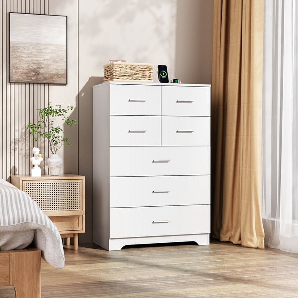 English Elm Wooden Seven Drawer Vertical Organizer with Built-in Outlet for Bedroom or Office White T3210P477355