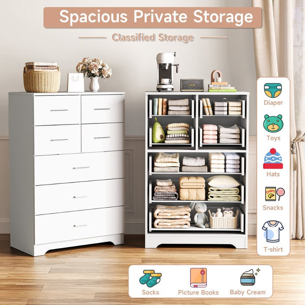 English Elm Wooden Seven Drawer Vertical Organizer with Built-in Outlet for Bedroom or Office White T3210P477355