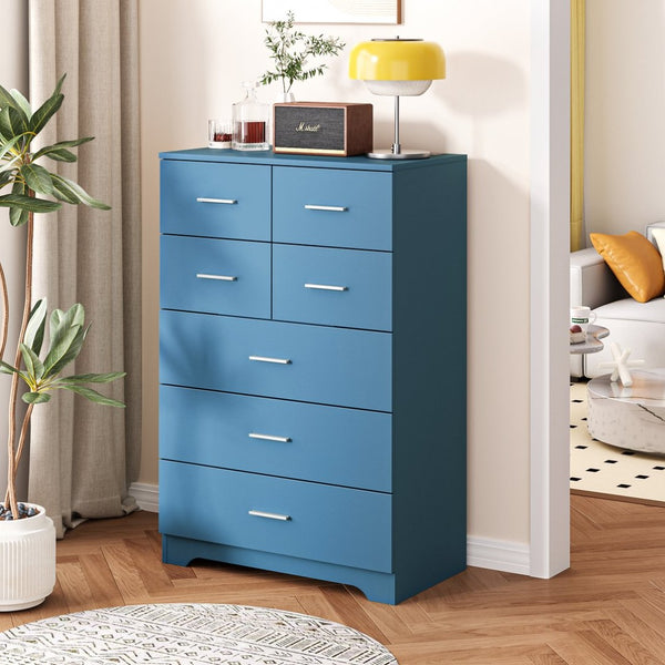 English Elm Wooden Seven Drawer Vertical Organizer with Built-in Outlet for Bedroom or Office Blue T3210P477356