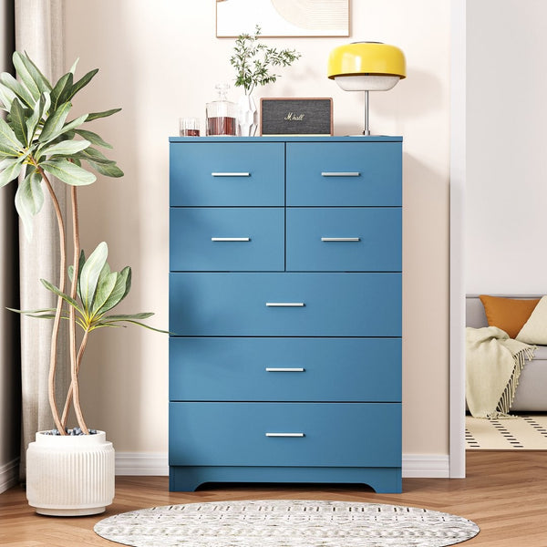 English Elm Wooden Seven Drawer Vertical Organizer with Built-in Outlet for Bedroom or Office Blue T3210P477356