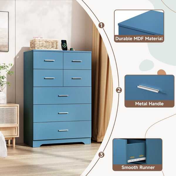 English Elm Wooden Seven Drawer Vertical Organizer with Built-in Outlet for Bedroom or Office Blue T3210P477356