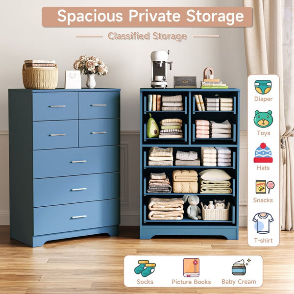 English Elm Wooden Seven Drawer Vertical Organizer with Built-in Outlet for Bedroom or Office Blue T3210P477356