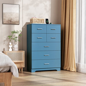 English Elm Wooden Seven Drawer Vertical Organizer with Built-in Outlet for Bedroom or Office Blue T3210P477356