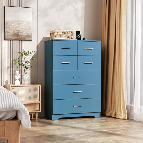 English Elm Wooden Seven Drawer Vertical Organizer with Built-in Outlet for Bedroom or Office Blue T3210P477356