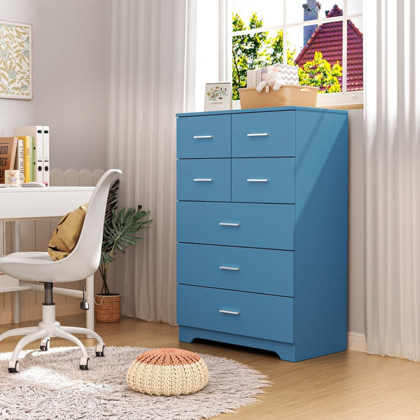 English Elm Wooden Seven Drawer Vertical Organizer with Built-in Outlet for Bedroom or Office Blue T3210P477356