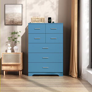 English Elm Wooden Seven Drawer Vertical Organizer with Built-in Outlet for Bedroom or Office Blue T3210P477356
