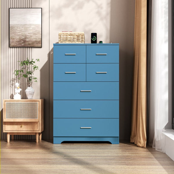 English Elm Wooden Seven Drawer Vertical Organizer with Built-in Outlet for Bedroom or Office Blue T3210P477356