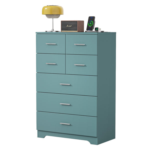 English Elm Wooden Seven Drawer Vertical Organizer with Built-in Outlet for Bedroom or Office Light Green T3210P477357
